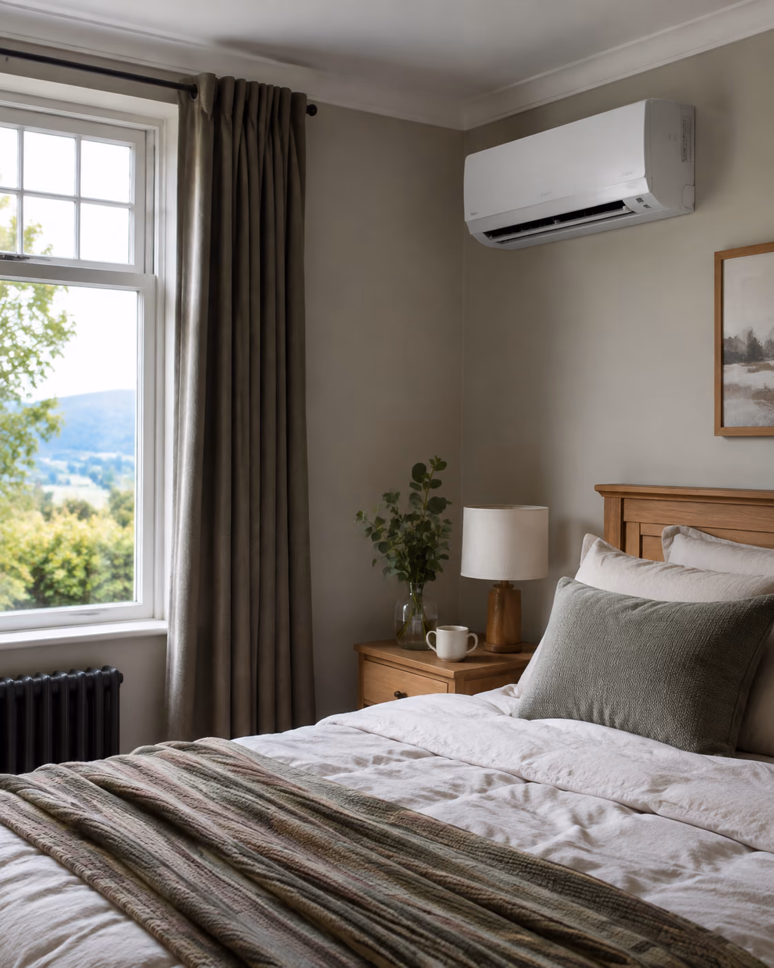 Wall-mounted air conditioning positioned high on a side wall in a calm UK bedroom