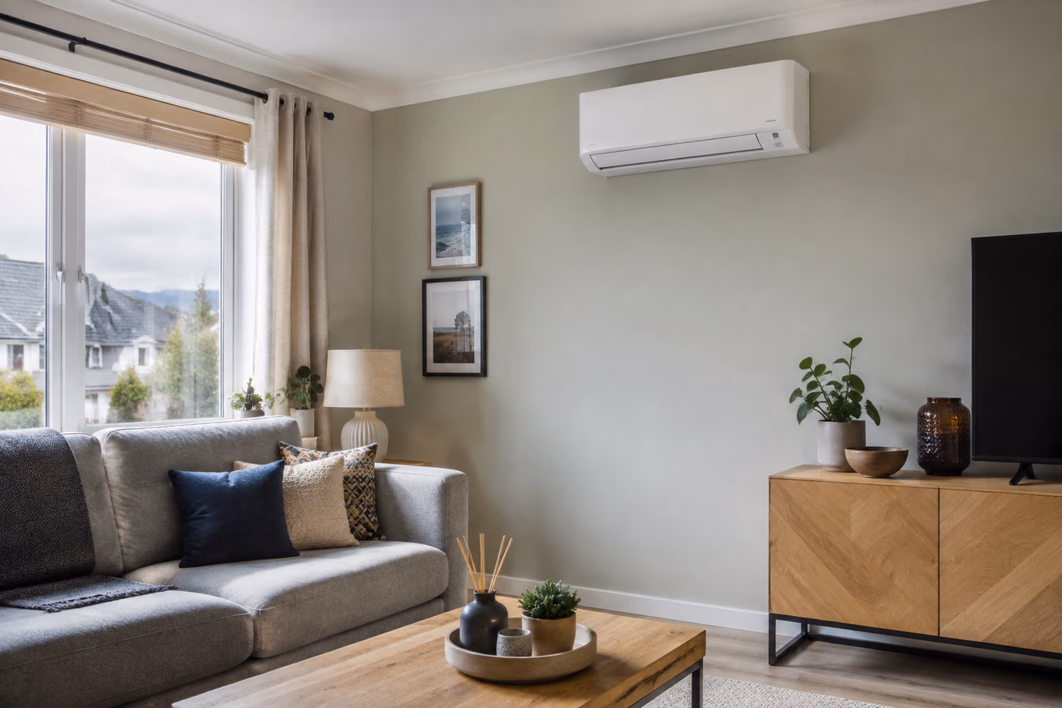 Wall-mounted air conditioning positioned above the clear wall area of a lived-in UK living room